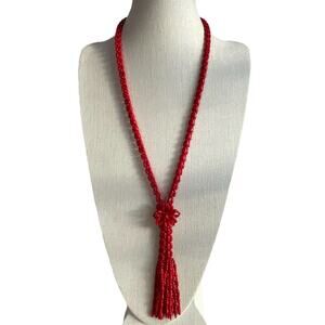 Natural Red Coral Necklace Gem Grade 3 Rows Braided Tassel Lariat Style